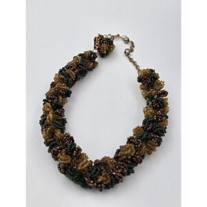 Vintage Seed Beaded Choker Necklace Green Brown Gold Tone Chrysoprase & Glass